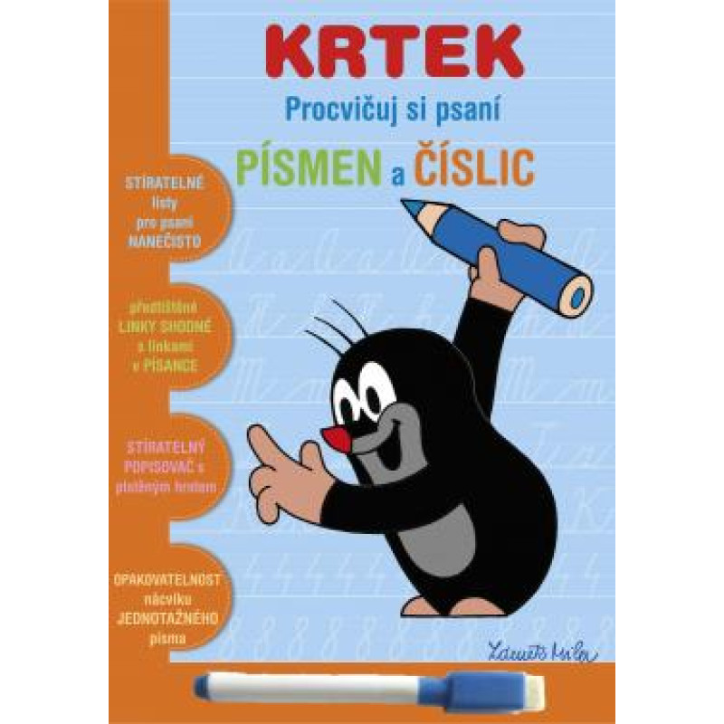 Zošit stieratelný Precvičuj si písanie písmen a číslic Krtko